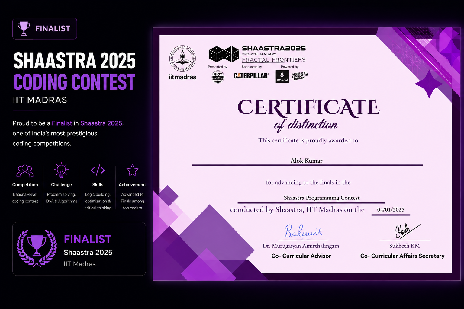 Finalist - IIT Madras Shaastra Coding Contest certificate